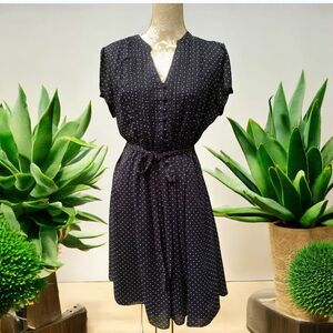 CB 1962 Navy Polka Dot Retro Fit & Flare Dress V-Neck Belted Pintuck M/L Sz 14